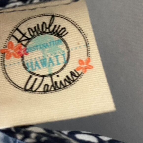 Honolua Wahine Sz Med Maxi Dress Blue White Native Print Side Splits - Picture 6 of 9